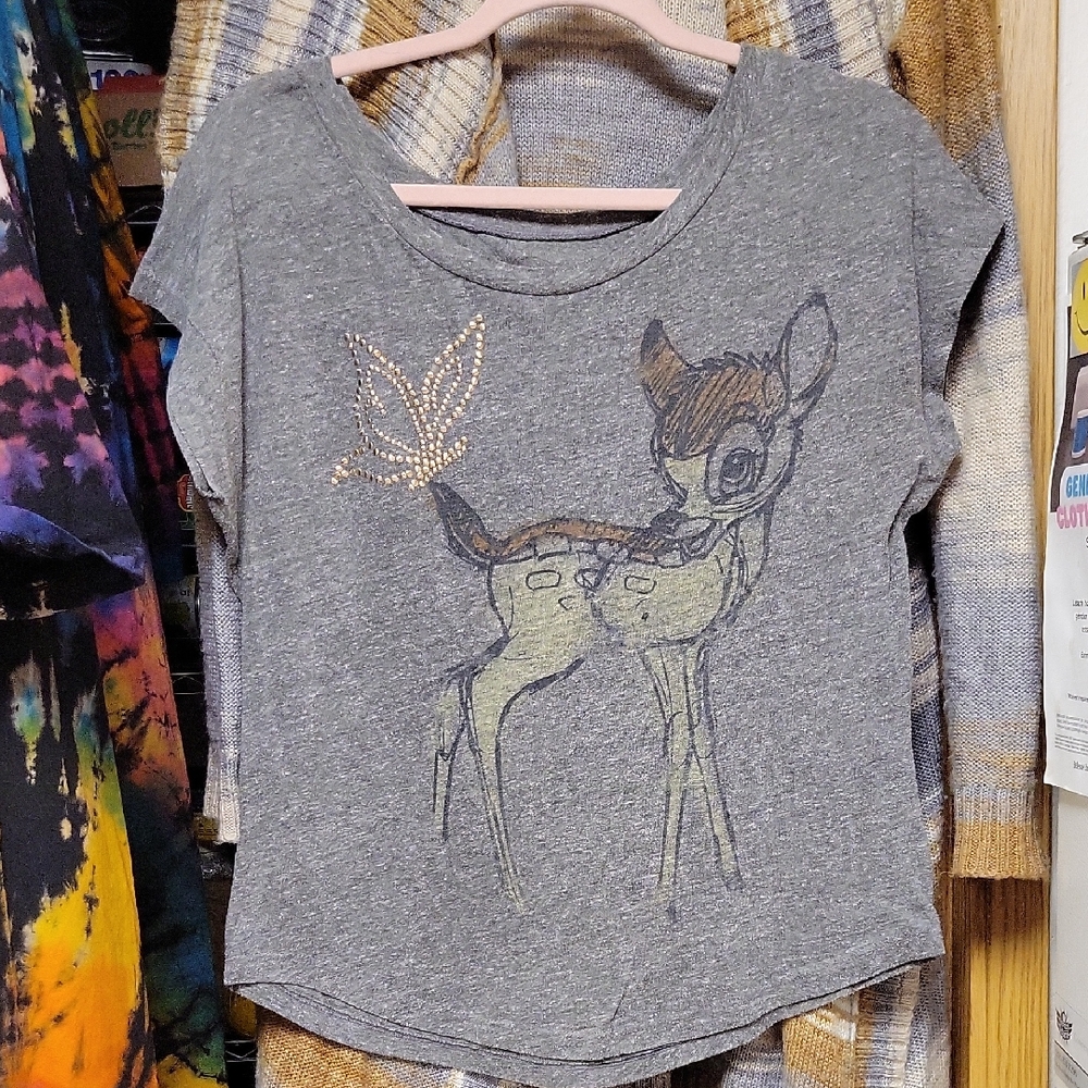 Disney Bambi Gray Crop Top • Bronze Butterfly Studs • Size Small/Medium EUC